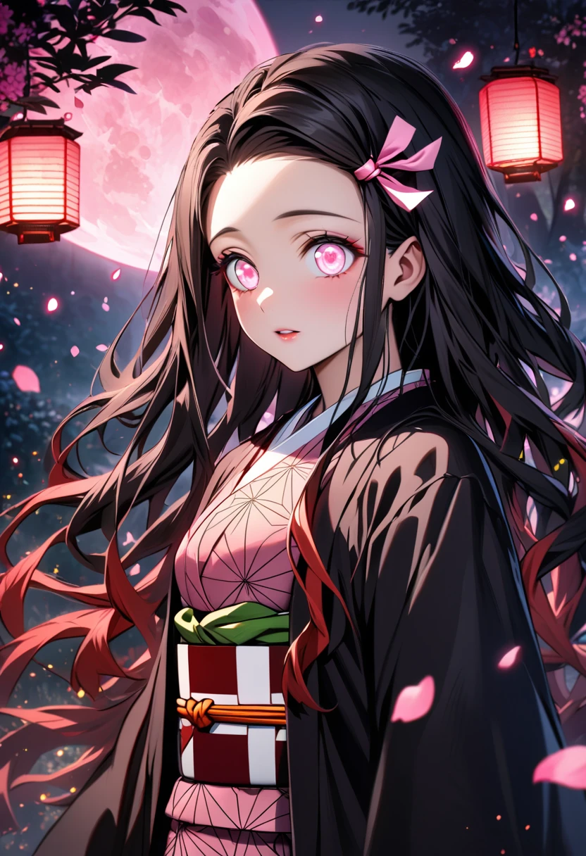 Ultra detailed, highres, absurdres, HDR, Kamado Nezuko, black long hair, pink expressive eyes, Kimetsu No Yaiba, pink flowers, petals, fireflies, lanterns, pink moon, woman, extremely beautiful, very detailed face and eyes, pink kimono, black haori, solo