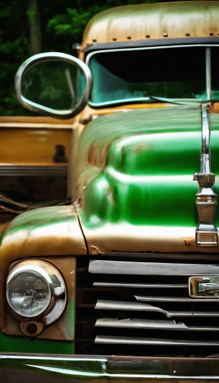 1 old truck, trailer head old truck, full zoom out older trailer truck head, front mirror damaged broken, at night,