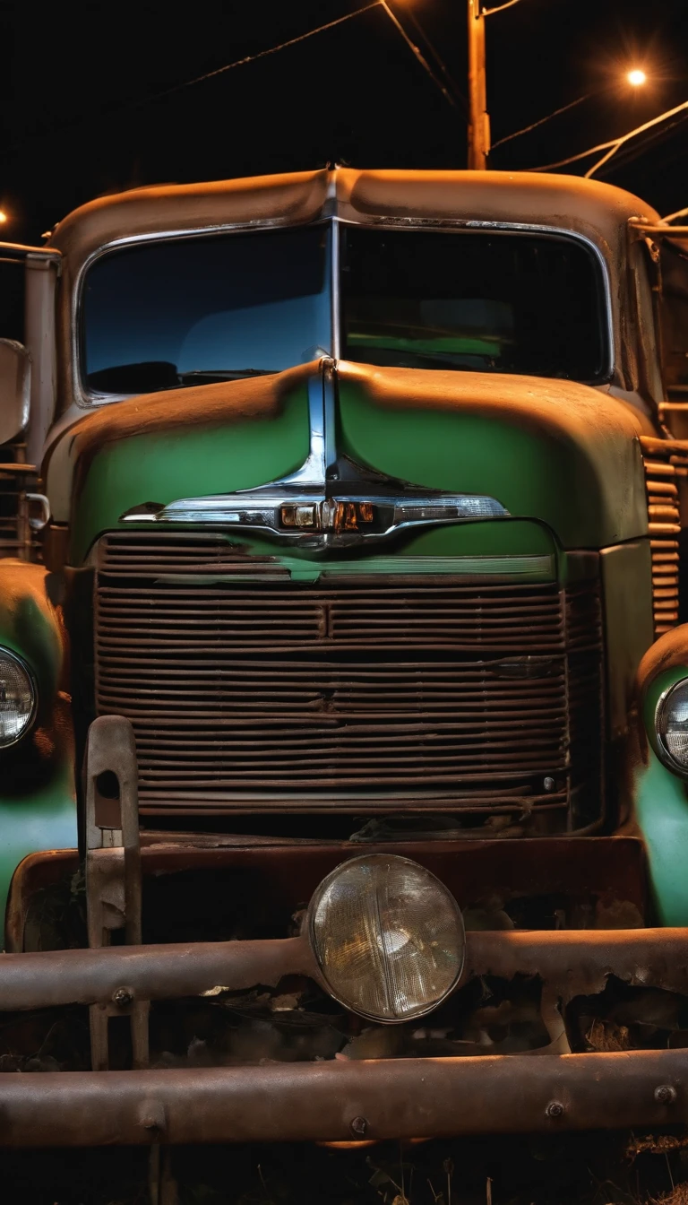 1 old truck, trailer head old truck, full zoom out older trailer truck head, front mirror damaged broken, at night,