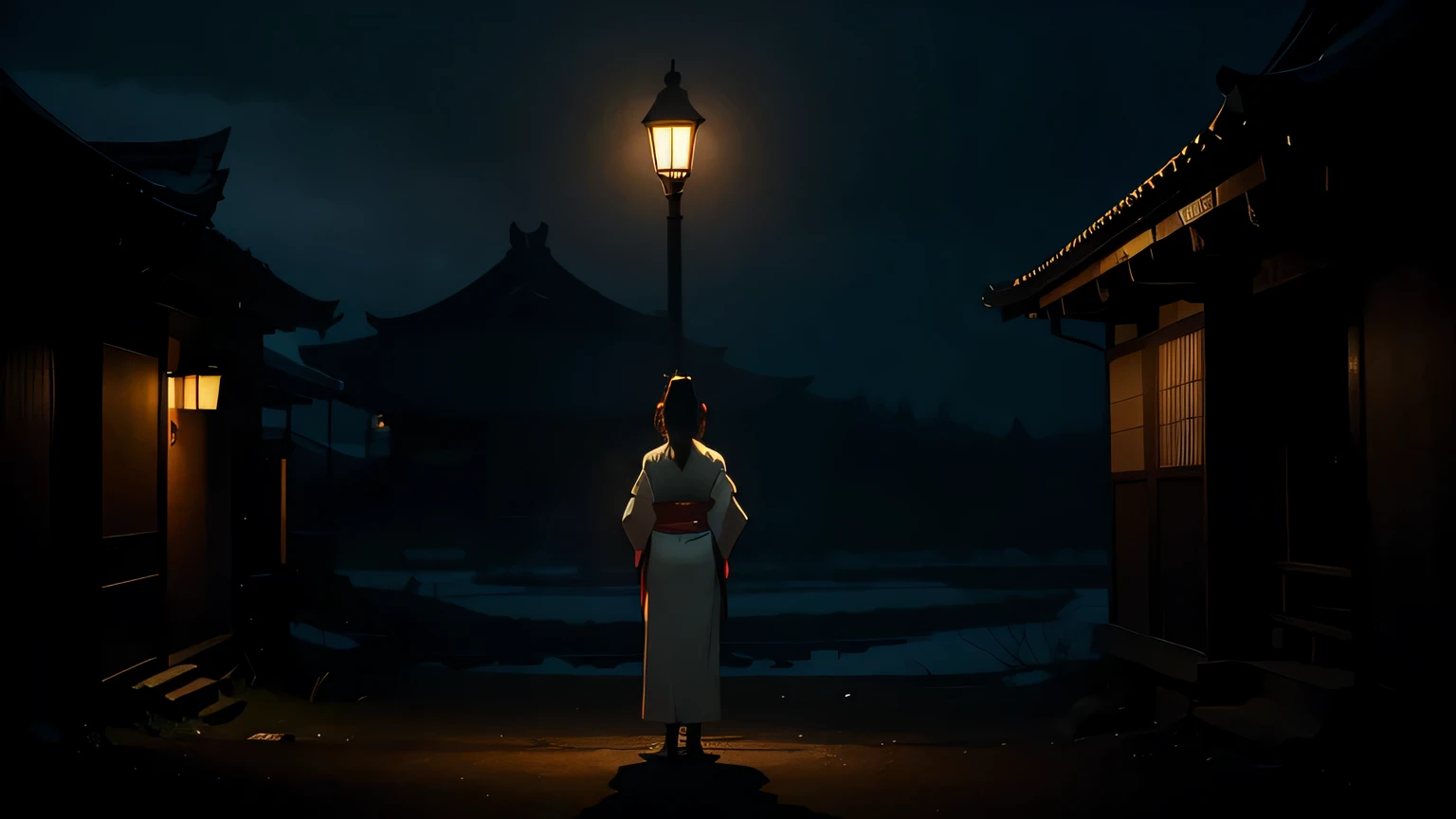 An adult Japanese woman in the back, in the dark of night,
lit up like a movie.
The woman is wearing a kimono and has long black hair.
She is standing facing a temple chapel.
The photo was taken with a full frame mirrorless camera with a focal length of 50mm in a symmetrical composition
The depiction of her posture and the texture of her costume emphasizes realism and a dark, eerie atmosphere. The overall image is reddish dark and perfectly captures the essence of solitary prayer in the silence of the night.