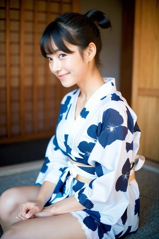 ((A girl with a ponytail wearing a yukata and white panties)),teenager,A small smile,Sitting,hot spring,hot springに足を浸す