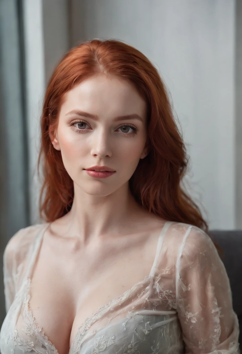 beautiful red-haired woman, big breasts, transparent shirt, visible nipples, (best quality, highres, realistic:1.37), vivid colors, portrait lighting, NSFW. Full body
