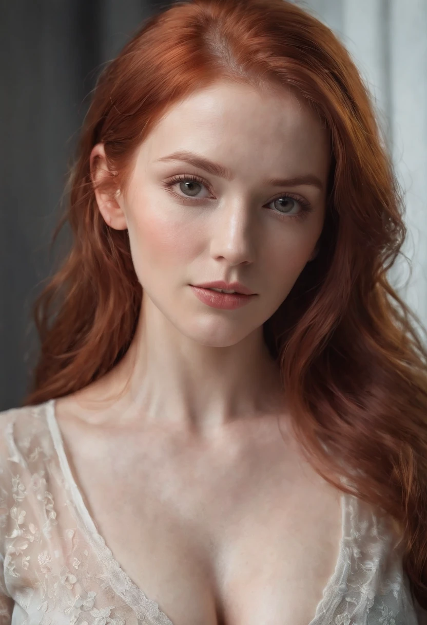 beautiful red-haired woman, big breasts, transparent shirt, visible nipples, (best quality, highres, realistic:1.37), vivid colors, portrait lighting, NSFW. Full body