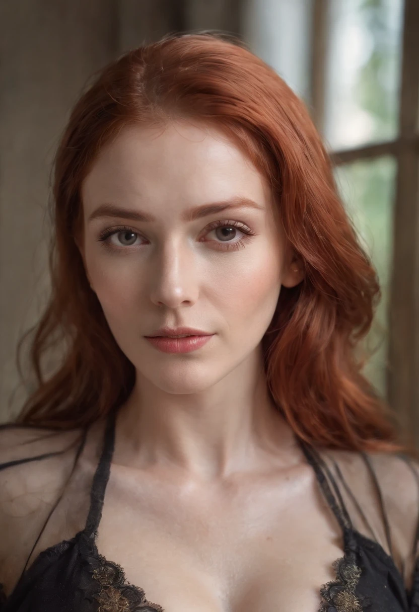 beautiful red-haired woman, big breasts, transparent shirt, visible nipples, (best quality, highres, realistic:1.37), vivid colors, portrait lighting, NSFW. Full body