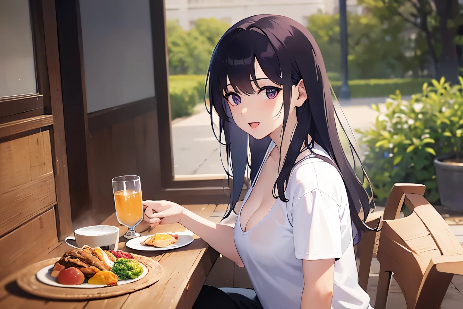 Cleavage, side angle, Upper Body, Realistic, real person, (pale skin: 1.2), shiny skin, shiny hair、(A 25-year-old woman with straight hair and bangs) and (medium hair) and (black hair) and (purple eyes) , (white) and (T-shirt) 、smile, open mouth, The dining room in the background、Alone、Sitting、Food on a plate、