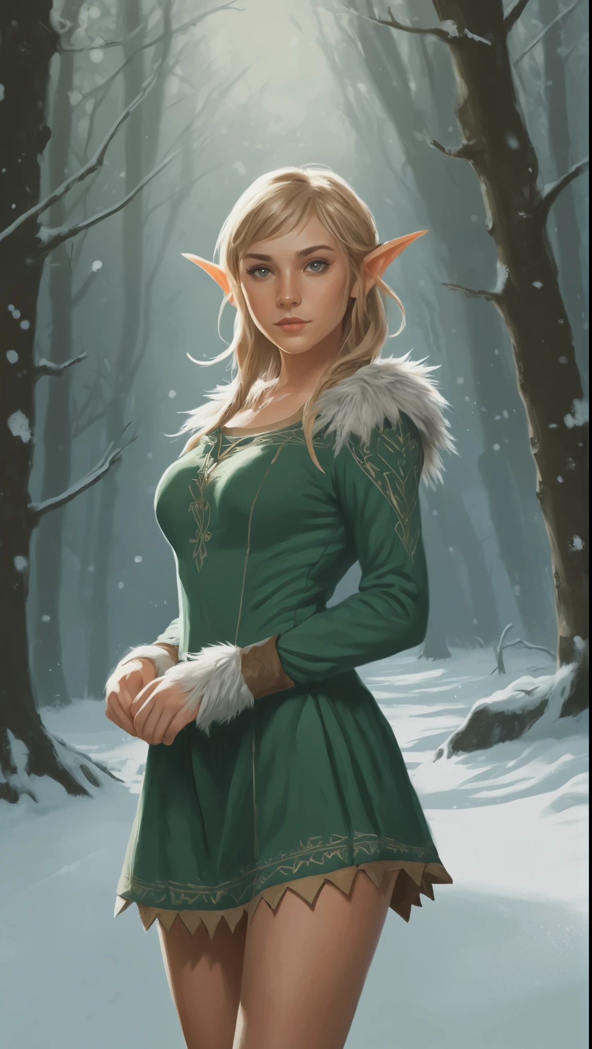 An illustrated movie poster, hand-drawn, full color, a age elven girl, wearing a corduroy mini-dress, sun-tanned complexion, very tall, athletic body, hourglass figure, curvy, slightly chubby, bottom-heavy, generous hips, massive bubble-butt, long legs, ridiculously thick powerful thighs, hazel green eyes, long pointy elf ears, ash blonde hair, shaggy bob, posing in a snowy forest, hard shadows, graphite shading, stencil marks, airbrushed acrylic paint, masterpiece, in the style of Breath of the Wild