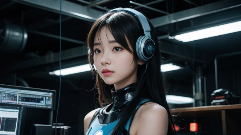 4K,beautiful japanese girl,headphone, steel farm,SF,Illustration, science fiction artwork,cyber punk,blue neon,