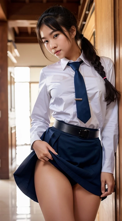 Thai girl, ponytail, convent, white shirt, long sleeves, loose necktie, big bearst, navy blue long skirt, skirtlift, black belt, look at viewer,