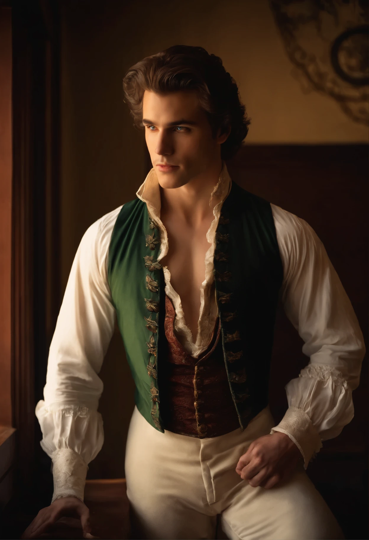 open shirt man, young, 22 years old, sexy, realistic, masterpiece, intricate details, detailed background, depth of field, cinematic, pectorals, abs, , open shirt, dramatic lighting, photo of a handsome (regency era man) in bedroom, window, volumetric light, poster art photography