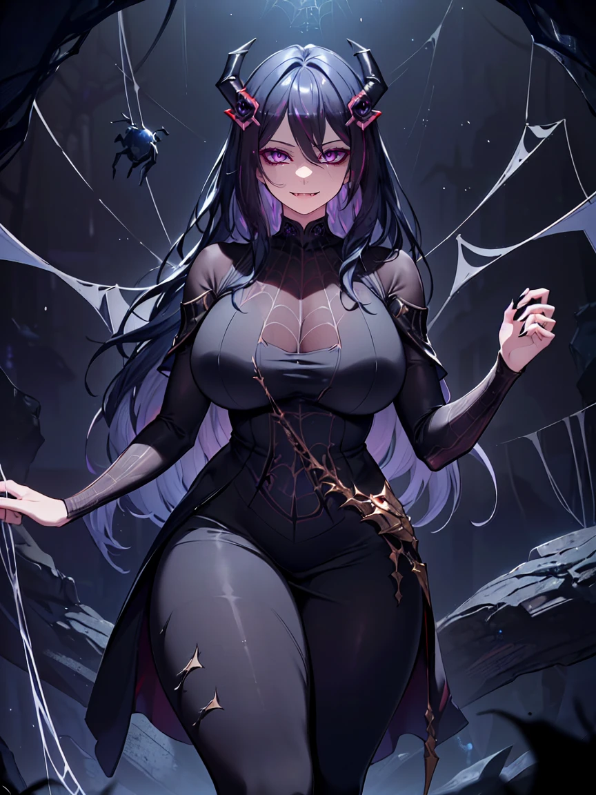 Pokémon、horror、ruins、ghost town、cemetery、occult mania、ghost type pokemon trainer、big tits milf、big tits milf、big tits milf、negative thoughts、Social withdrawal、Menhera woman、whole body、hexagon maniac、dark purple hair、long hair、(((messy hair)))+++、Ahoge、purple headband、black eye、big breasts、smile、(不気味なsmile)、Purple long dress、long sleeve axi dress)