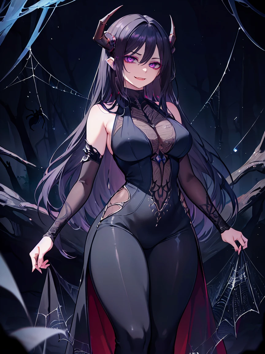 (Uhd, Masterpiece, Textured Skin, Super Detail, High Details, High Quality, Best Quality), Detailed Face, 1woman, mature pretty woman, ((wide hips, thick thighs)), ((Long Dark Blue eyes hair)), ((Black Sexy Rpg dress), (Pants), (Spider, Web, Silk), Thin Horns, (standing, inside a dark cave full of cobwebs), (Sharp claws)