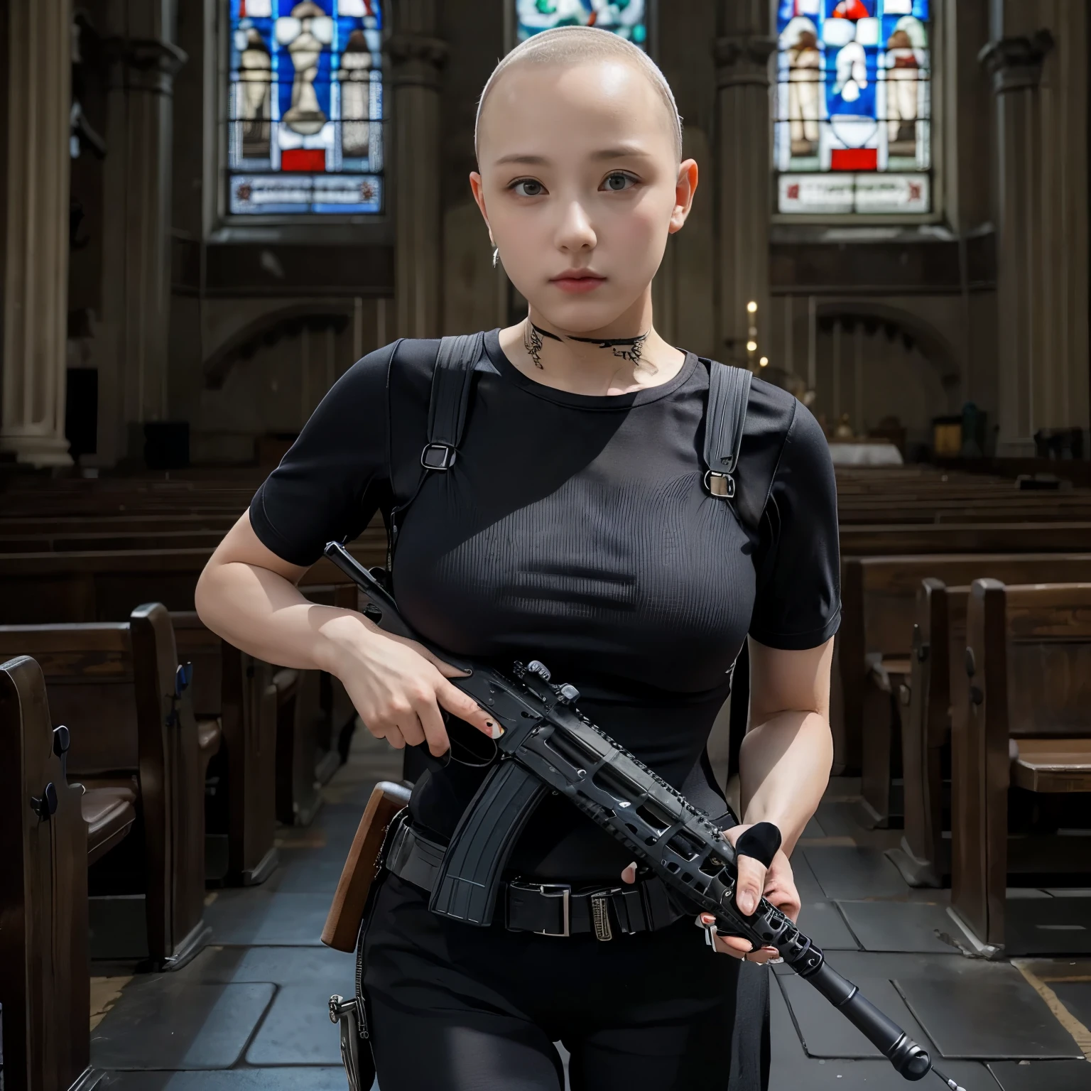Young beautiful woman、(Skinhead:1.5)、Nun's attire、(Has an assault rifle:1.6) , She's at the altar of the chapel, Stained glass、huge breast