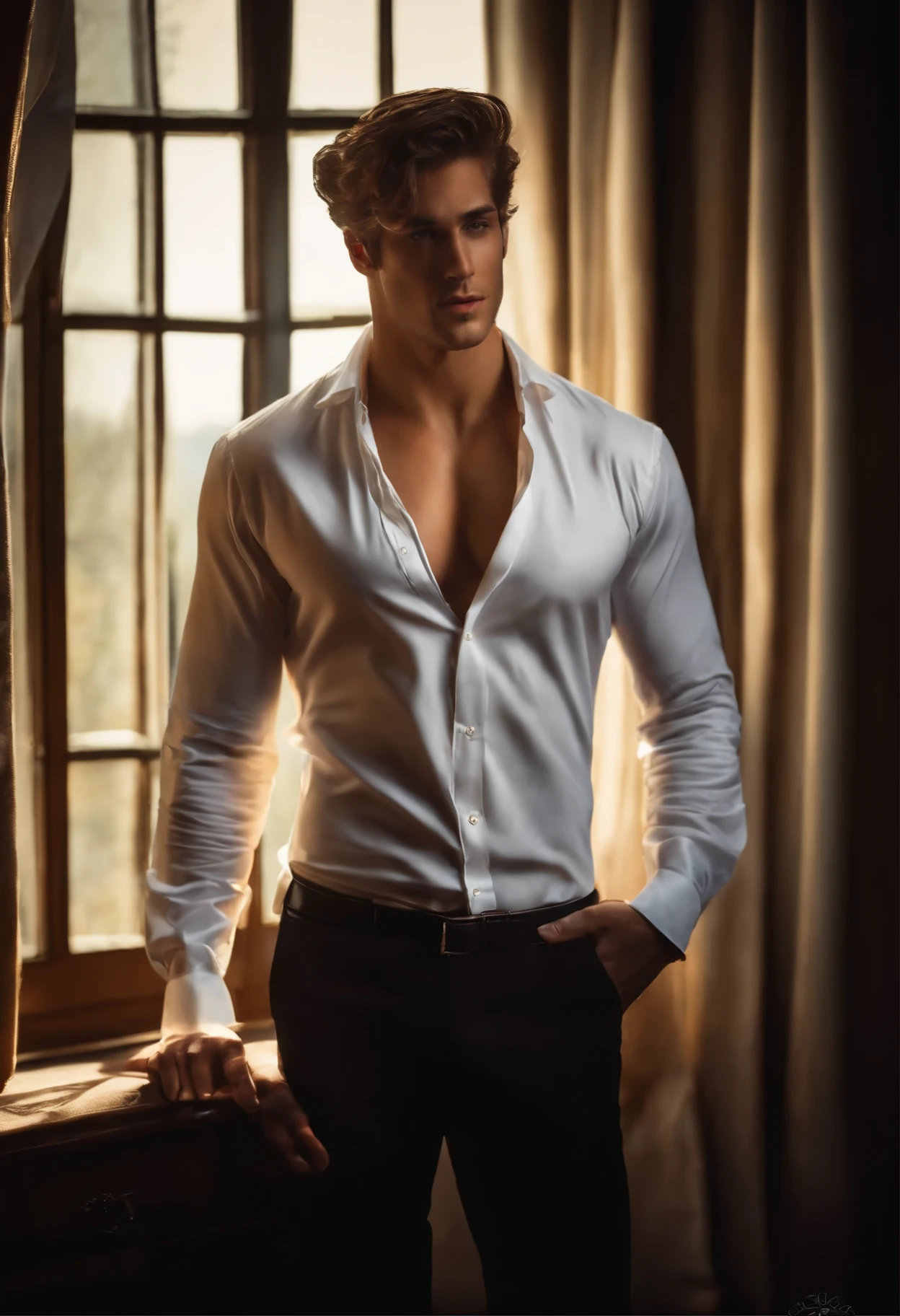 open shirt man, young, 22 years old, sexy, realistic, masterpiece, intricate details, detailed background, depth of field, cinematic, pectorals, abs, , open shirt, dramatic lighting, photo of a handsome man in bedroom, window, volumetric light, poster art photography