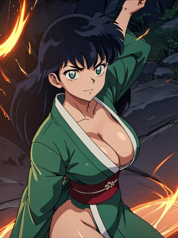 masterpiece, best quality, Kagome Higurashi, 25 years old, matured face, beautiful detailed eyes, ultra detailed eyes, extremely detailed face, large breasts, cleavage, very busty, big hips, strong muscles, athletic physique, She stands tall while wearing a short green kimono. she's looking directly at the camera with an confident smirk. Her gaze is both alluring and fierce as she is in a fighting stance. cowboy shot, Perfect Anatomy,(Professional Lighting), 4k textures, epic artistic, sharp focus, even lighting, insane details, intricate details, hyperdetailed, rich colors, BREAK Outdoors, forest, Japanese architecture in the background
