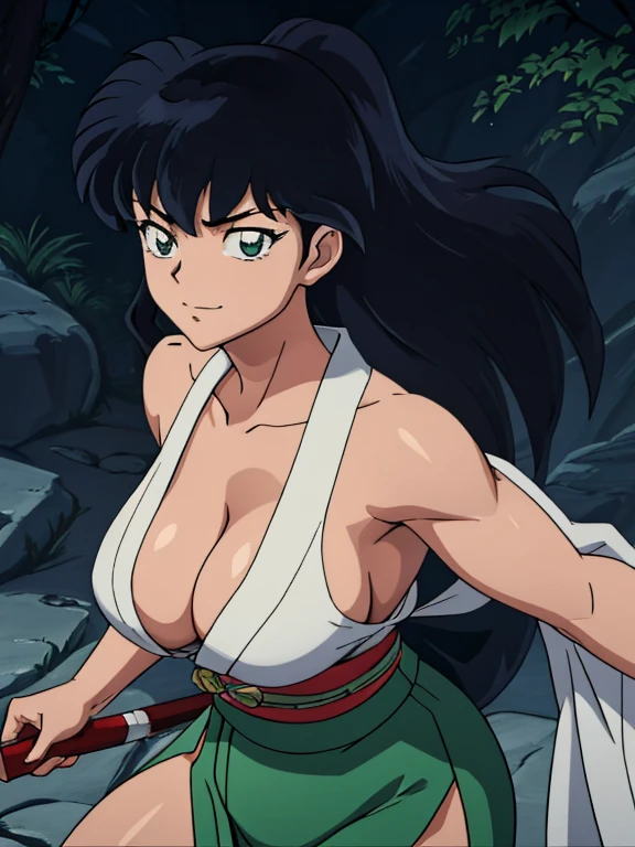 masterpiece, best quality, Kagome Higurashi, 25 years old, matured face, beautiful detailed eyes, ultra detailed eyes, extremely detailed face, large breasts, cleavage, very busty, big hips, strong muscles, athletic physique, She stands tall while wearing a short green kimono. she's looking directly at the camera with an confident smirk. Her gaze is both alluring and fierce as she is in a fighting stance. cowboy shot, Perfect Anatomy,(Professional Lighting), 4k textures, epic artistic, sharp focus, even lighting, insane details, intricate details, hyperdetailed, rich colors, BREAK Outdoors, forest, Japanese architecture in the background
