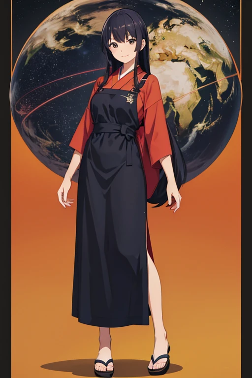 Anime Art、Full body portrait、Servant of Space Science Fiction、A Japanese woman, about 150cm tall, about 18 years old, wearing a red apron, walking and looking back、Smiling、Medium length black hair、Sandals