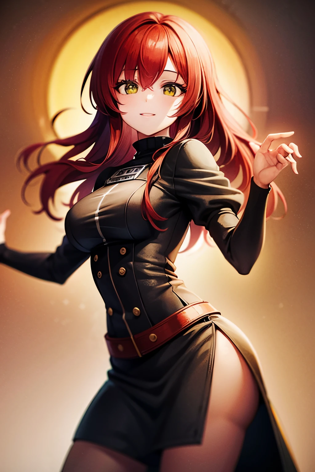 8k wallpaper, masterpiece, movie lighting, medieval setting, Beautiful female rogue with red hair and greenish eyes walking on a winding road with a smile on her face, sunrise with clear skies background