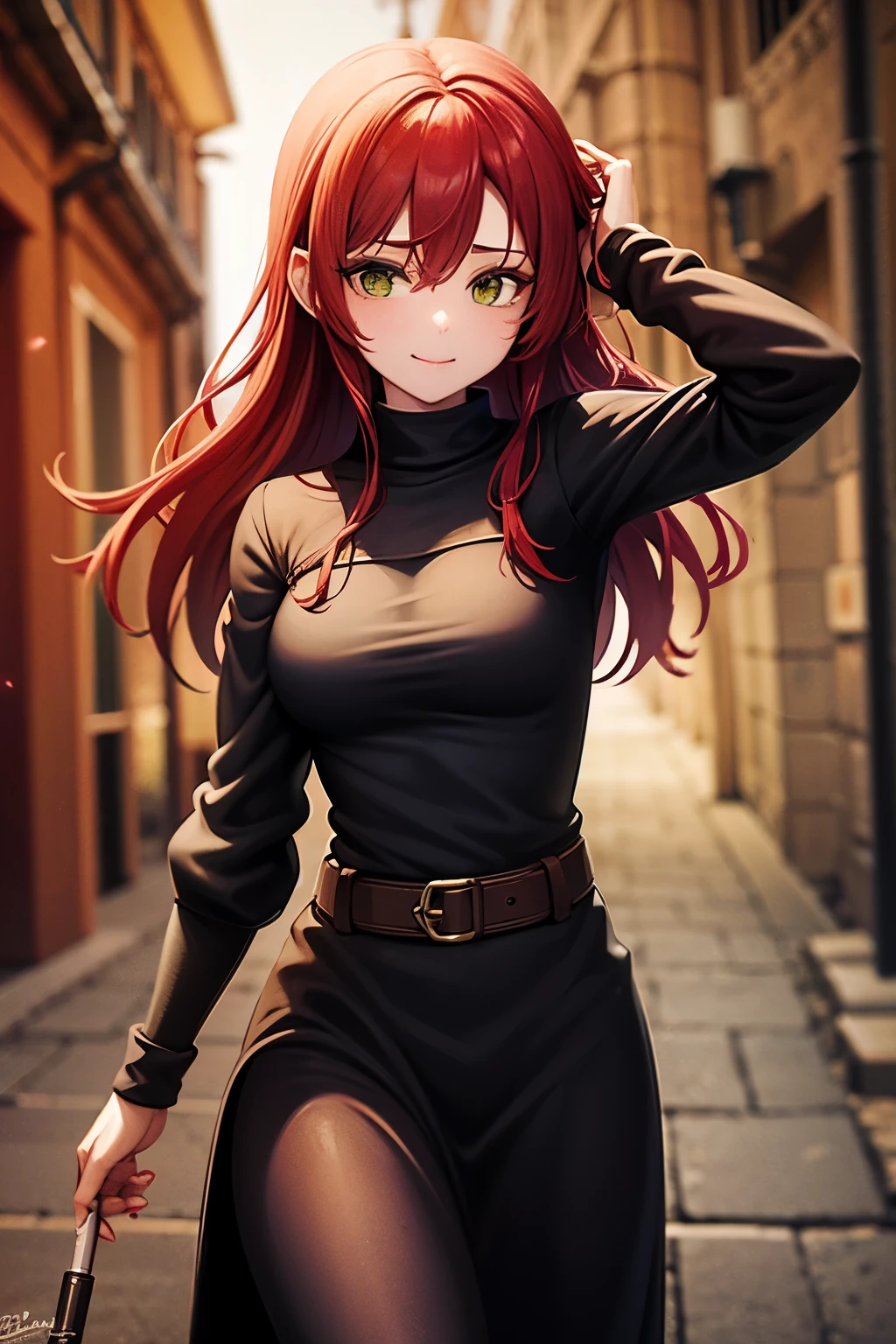 8k wallpaper, masterpiece, movie lighting, medieval setting, Beautiful female rogue with red hair and greenish eyes walking on a winding road with a smile on her face, sunrise with clear skies background