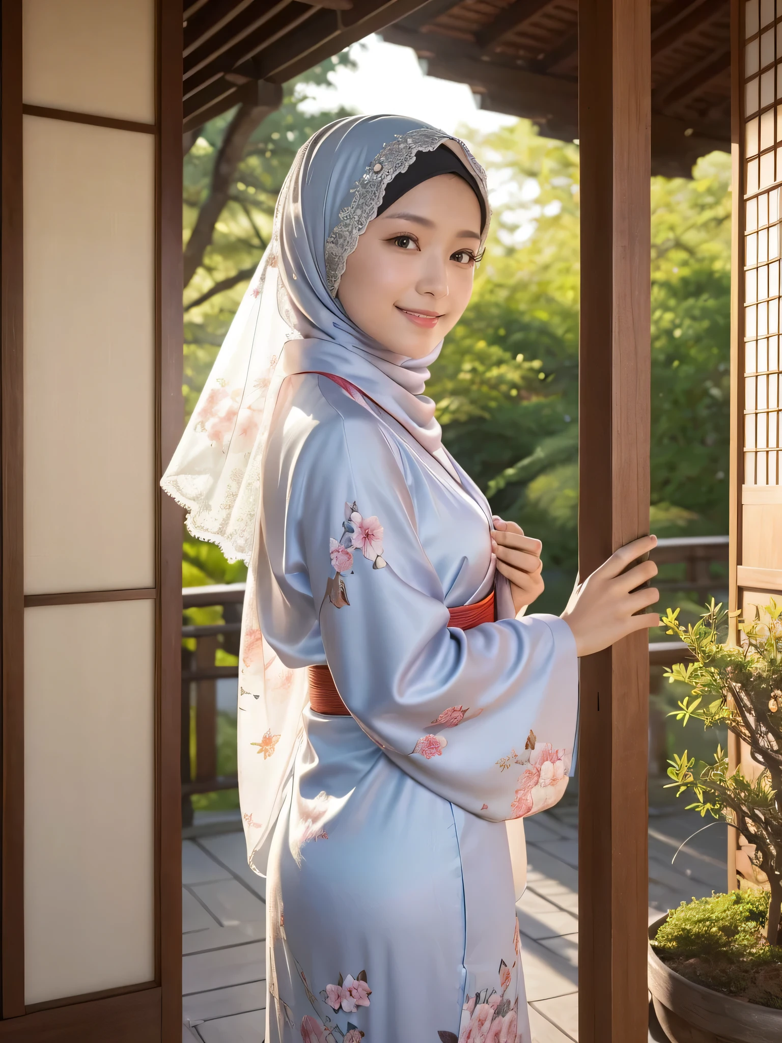 (Photorealsitic:1.4), (Top image quality:1.0), (超A high resolution:1.0), 8K, Raw photography, (masterpiece:0.2), (pureerosface_v1:0.5)、(Best Quality Detail:1.2)、realisitic、8K UHD、hight resolution、(1girl in:1.2)、The ultra-detailliert、High quality textures、intricate detailes、detaileds、Very detailed CG、High quality shadows、Detail Beautiful delicate face、Detail Beautiful delicate eyes、depth of fields、Ray traching,1girl in, japanaese girl muslim hijabbers wearing a satin hijab,, Cute, slender, Floral kimono,Floral scrunchie, Beautiful skin, Facing the front,, Stand upright and say thank you,Align your hands elegantly,Smile faintly The Land of Japan,Japanese garden,Luxury Japanese-style room, skyporn, Magic Hour, (Realistic:1.3), Finely detailed, quality, (masutepiece:1.2), (Photorealistic:1.2), (Best Quality), (Intricate details), Dramatic, Ray tracing, photograph, +Lola