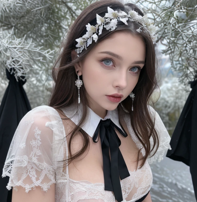 1 miniature Beautiful beautiful woman - Yuan Sayuki, ((top quality, 8K, Masterpiece:1.retty woman, 1 woman, huge breasts:1.3, a slim body:1.1, lush white short hair, (shower, wet body, wet clothes:1.1), very detailed face, detailed lips, detailed eyes, double eyelids, Detailed blue eyes, чрезвычайно Detailed Outstanding Blue Eyes, short white wet hair, white wet hair, Detailed Outstanding Blue Eyes, innocent look at the viewer, very wet wavy white hair, Detailed Outstanding Blue Eyes, huge cross earrings, Outdoors, badges behind, gothic maid uniform, sexy maid dress, bare chest, huge chest tattoo, detailed huge catholic cross earrings, chest tattoo, Outside, wear a silver cross (Detailed cross shape), reality mode, wet breasts, black necklace, human crowd behind, head/forehead chain veil, black latex gloves, hair of white snowy colour, night time, red neon lights, demonic nun, nimbus (golden lighting ring above her head), angel, snowy weather, sexy pose, white lingerie, black maid dress, flower wreath