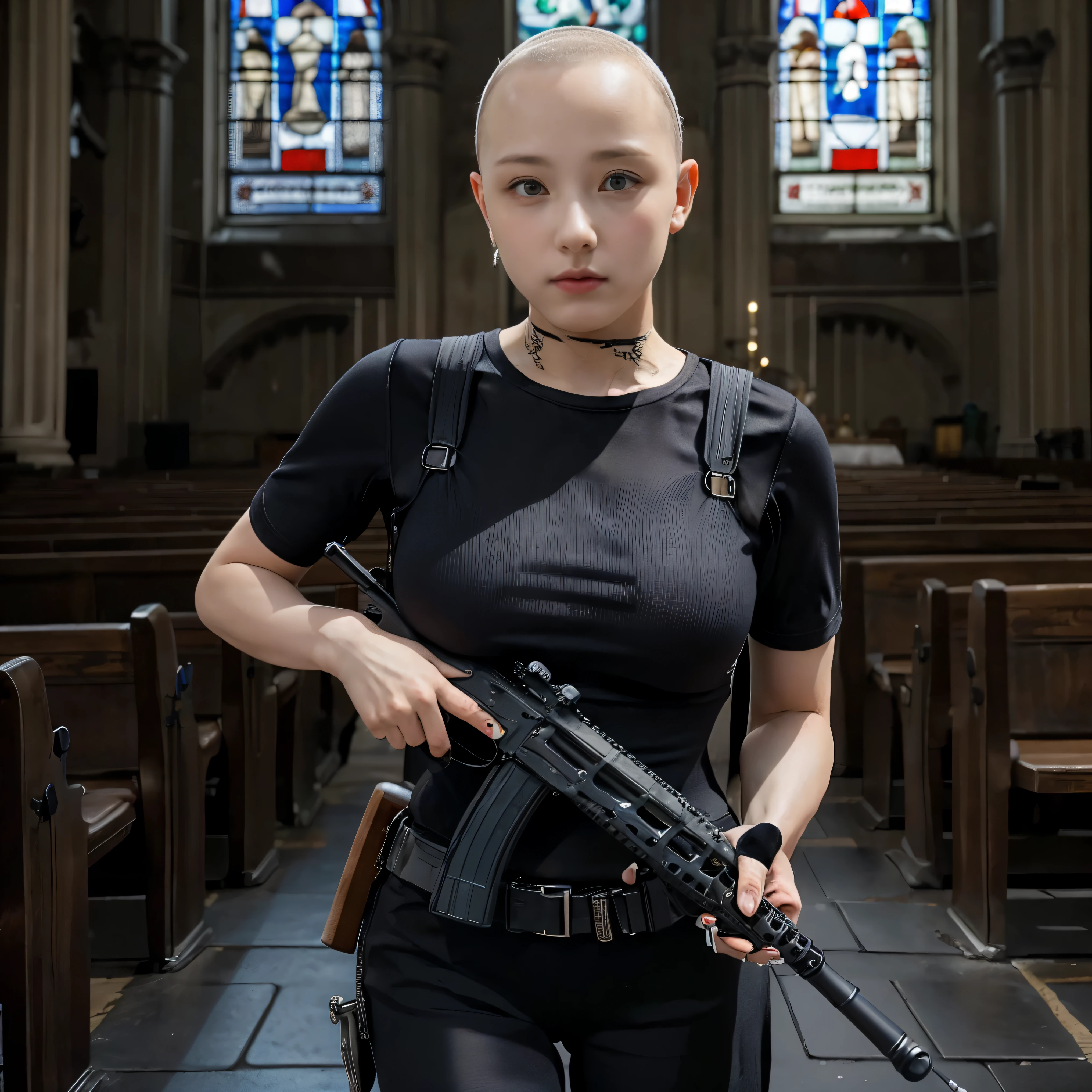 Young beautiful woman、(Skinhead:1.5)、Nun&#39;s attire、(Has an assault rifle:1.6) , She&#39;s at the altar of the chapel, Stained glass、huge breast