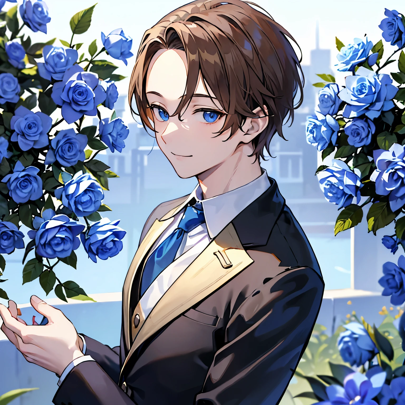 （masterpiece、４hair、detailed）A cool male businessman in a suit、（Light brown hair、Stick out your forehead and round your back、alone、Face close-up、Upper Body、Looking at the camera、blue eyes、An innocent smile）There are lots of blue flowers in the background