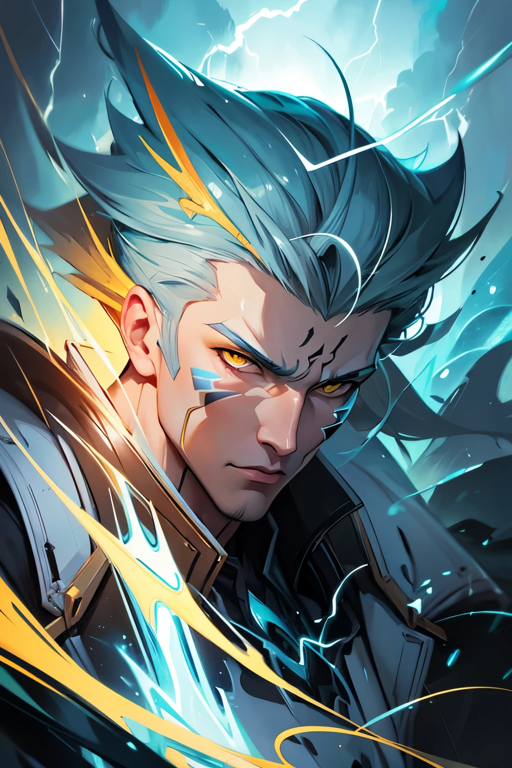 character, high resolution, digital art by loish + rossdraws + artgem + sandara, brush strokes, painterly, impressionist style, dorse, face, artistic, man, thunder, storm, yellow
