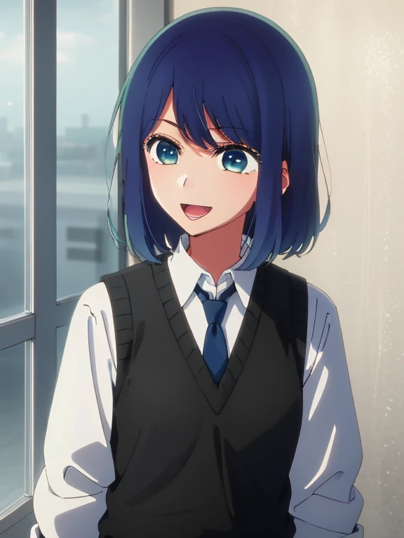 Beautiful lighting, One Girl, solo, Akane, White shirt, Sweater vest, Black vest, Blue tie, ((Anime Style))、((2D))、Laughter、Open your mouth、Look forward