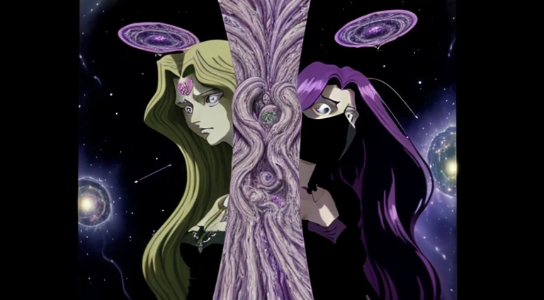 Daria and Jane portraying Medusa and Euryale (style reference Daria animated 1997, Medusa), existential crisis, disembodied consciousness humanity and the artificial and alien intelligences, stargate (wormhole) (cinematic, wordless, splash page, campy, b-movie cheesiness), Tarkovsky cinematography and framing and composition, intensely vivid, lush rich colorful, light rays across face similar to a light mask, universal cosmic decline, agitation, chaotic