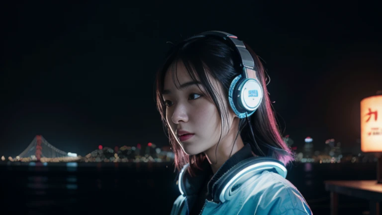 4K,beautiful japanese women,headphone,simon stålenhag,SF,Illustration, science fiction artwork,cyber punk,blue neon,