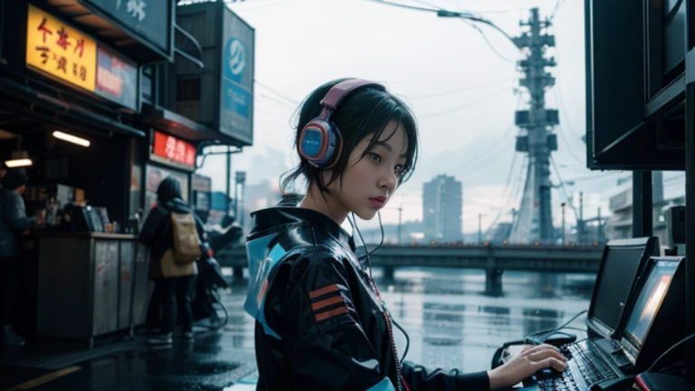 4K,beautiful japanese women,headphone,simon stålenhag,SF,Illustration, science fiction artwork,cyber punk,blue neon,