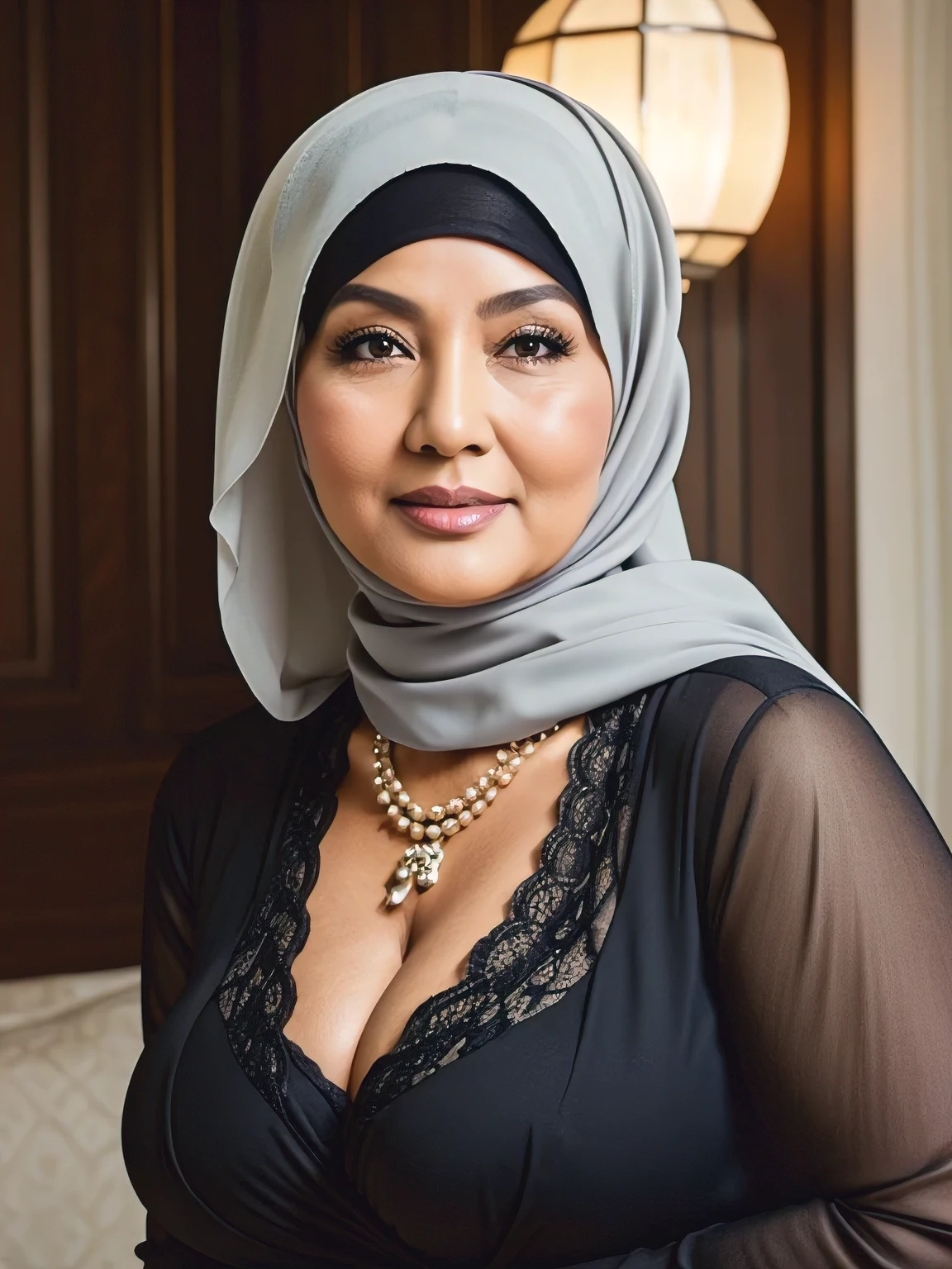 (Realistic) ((Hijab)) (real mature face) 68 Years old fat Brunei mature woman, sexy curvy, (sexy chubby body shape), Big  : 34.9, (wide cleavage), professional photography with excellent lighting