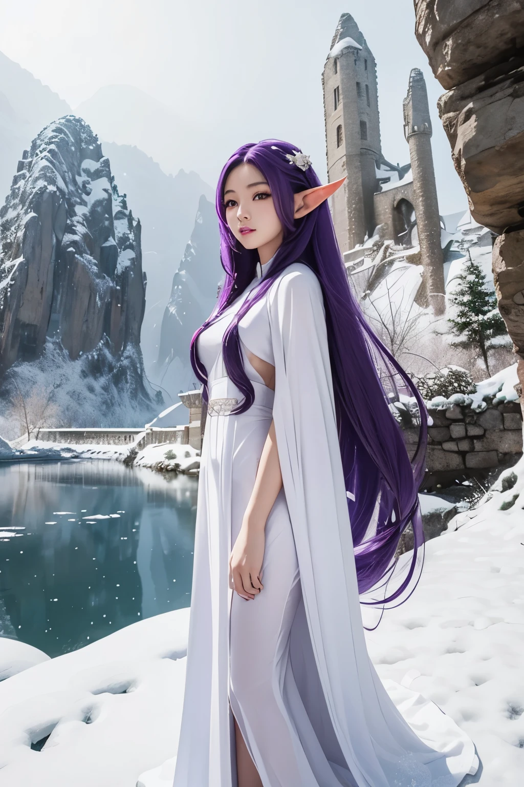 Long Purple hair, Vietnamese, beautiful 23 year old woman, very attractive, brown eyes, elf ears, very cute, thin athletic body, wearing white elegant dress, at snowy stone castle, photoshoot, high quality