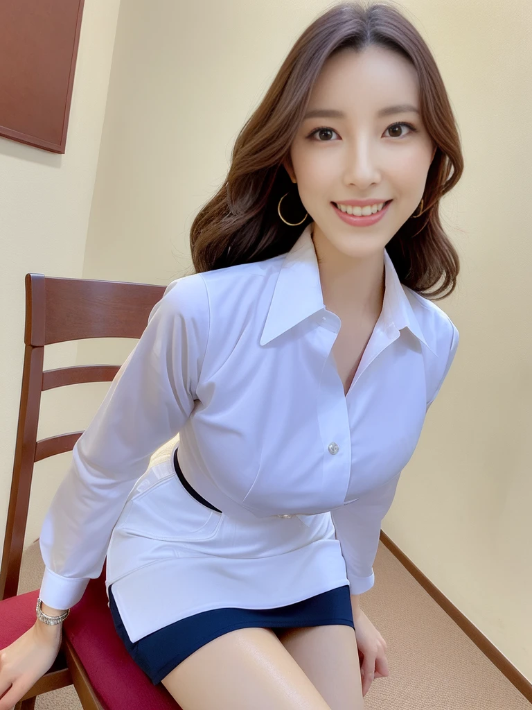 ((Three 50 year old mature women:1.5))、Japanese women、sexy,Fine skin、Star Piece、Beautiful breasts High quality、Perfect Sentence、so beautiful、High resolution face、Light makeup、Beautiful ass high quality、Glowing Beautiful Skin、Glowing Beautiful Skin step piece、Transparent beauty、Realistic、smile、Looking at the camera、Whitening skin、maStar Piece、Wavy Hair、Girlfriend、A tight-fitting shirt with a collar and buttons、Tight mini skirt、Large Breasts、Wrinkles around the eyes、Thin and beautiful legs、Slender、Sitting in a chair in the office