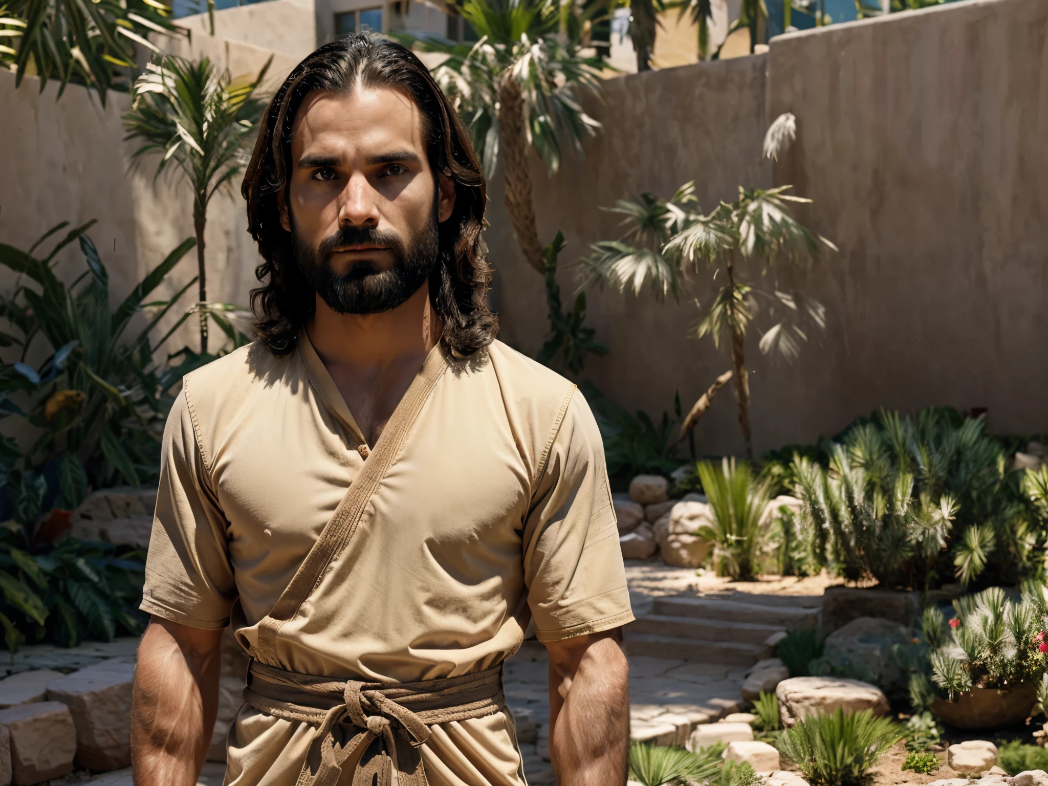 Seth Rollins as Jesus Christ, focus on face details, similar to seth rollins, wearing long beige Hebrew tunic, Jesus style from Bible, realistic image, Israel garden image background, best quality, 8k, focus on details.