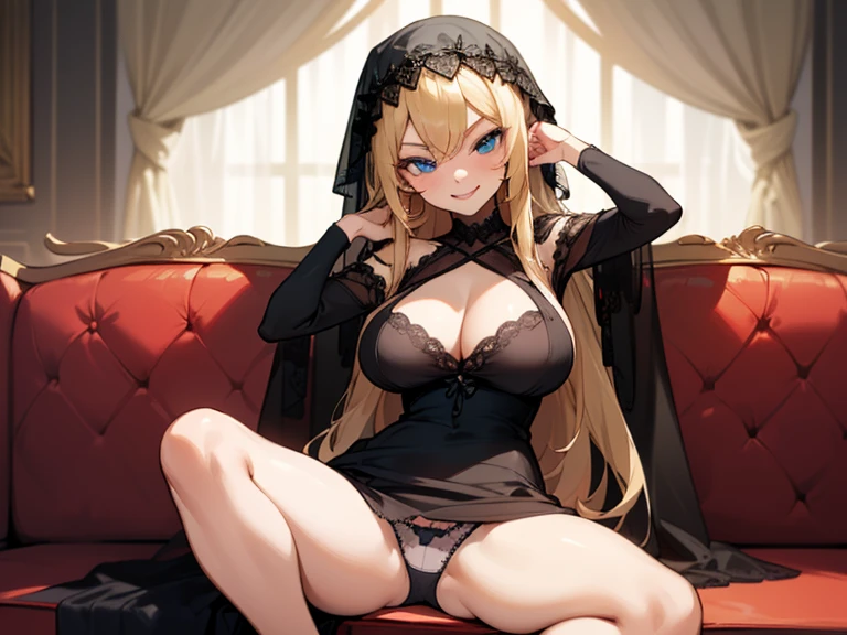 1 Anime Girl, ((((solo)))), (((Black Dress))), (((Sitting on a red couch))), (((blond hair))) (Long Hair), (((blue eyes)))), ((sexy pose)))), (((mischievous smile)))),  ((((showing the panties)))), (((open legs))), ((large breasts)), ((((veil on the head))))