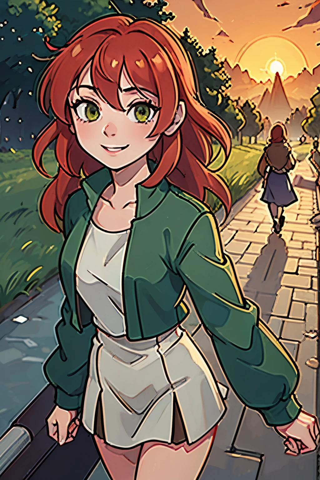 8k wallpaper, masterpiece, movie lighting, medieval setting, Beautiful female rogue with red hair and greenish eyes walking on a winding road with a smile on her face, sunrise with clear skies background