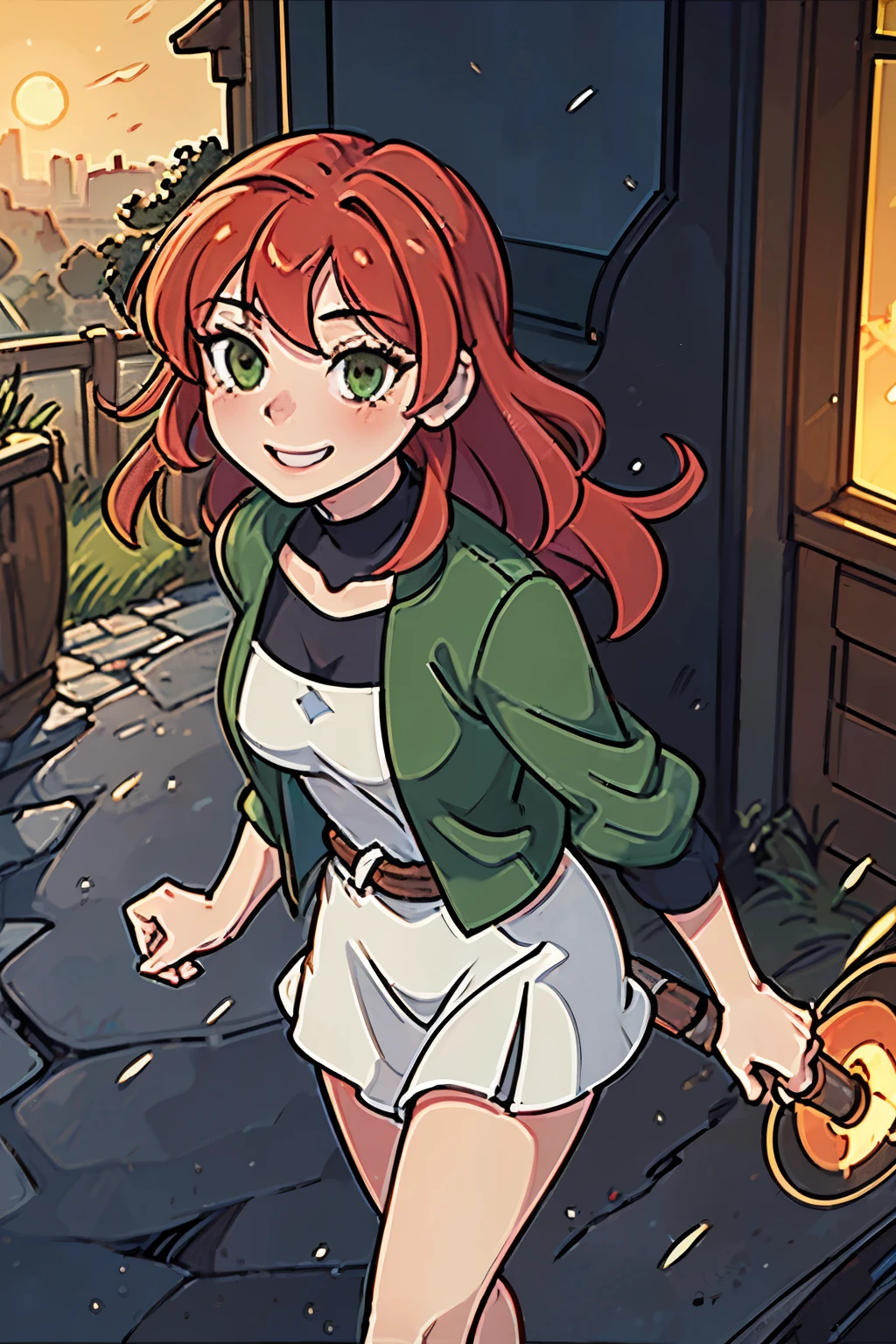 8k wallpaper, masterpiece, movie lighting, medieval setting, Beautiful female rogue with red hair and greenish eyes walking on a winding road with a smile on her face, sunrise with clear skies background
