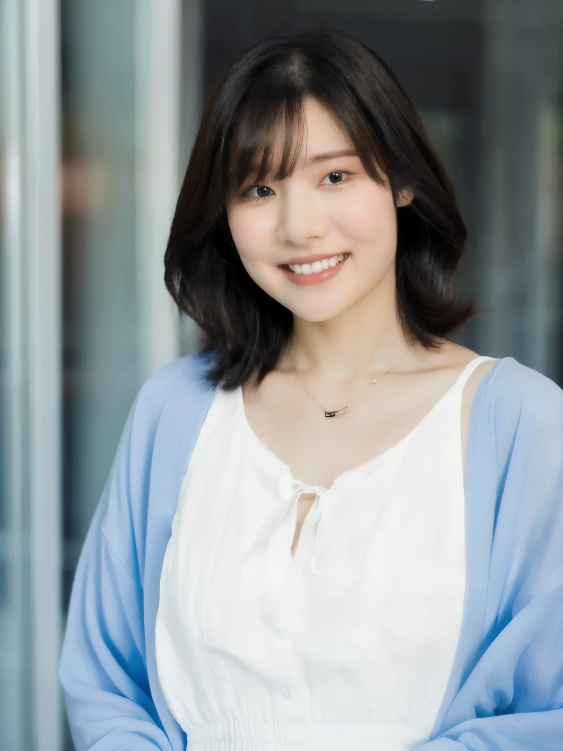 Tabletop、(8K、Raw photo、highest quality、masterpiece:1.2)、face down、Look down、White wall、In front of the white door、Light blue long sleeve dress Beautiful shiny hair、High-definition RAW color photos、Professional photos、(Realistic、photo Realistic:1.37)、Photographed in natural light、1 girl、Laughter、いろいろA pose、break (Ombre:1.3) 、Spring Clothes、Simple Necklace、(Beautiful profile:1.3)、Don&#39;Don&#39;t look at the camera、profile、((Hair color is dark brown))、Shortcuts、Short Hair、short hair、fluffy hair、Mr.々A pose