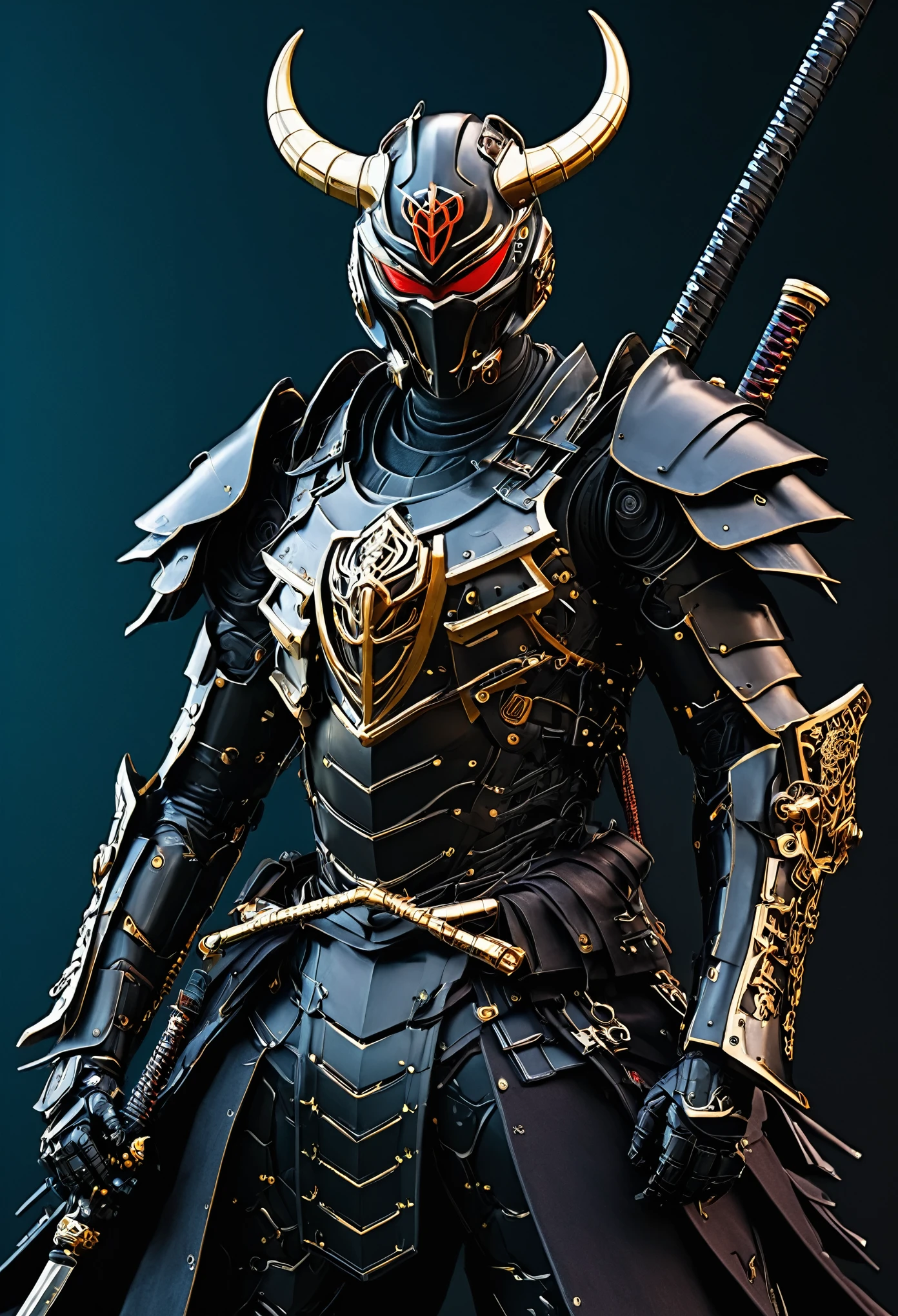 araffe dressed in a black suit holding a sword and a sword, cyborg samurai, cyber japan samurai armor, cyberpunk samurai, very beautiful cyberpunk samurai, full samurai armor spiderman, bio - mechanical ninja samurai, portrait of a cyberpunk samurai, cyber japan style armor, cyber japan armor, celtic and cyberpunk armor, black bull samurai, intricate assasin mecha armor