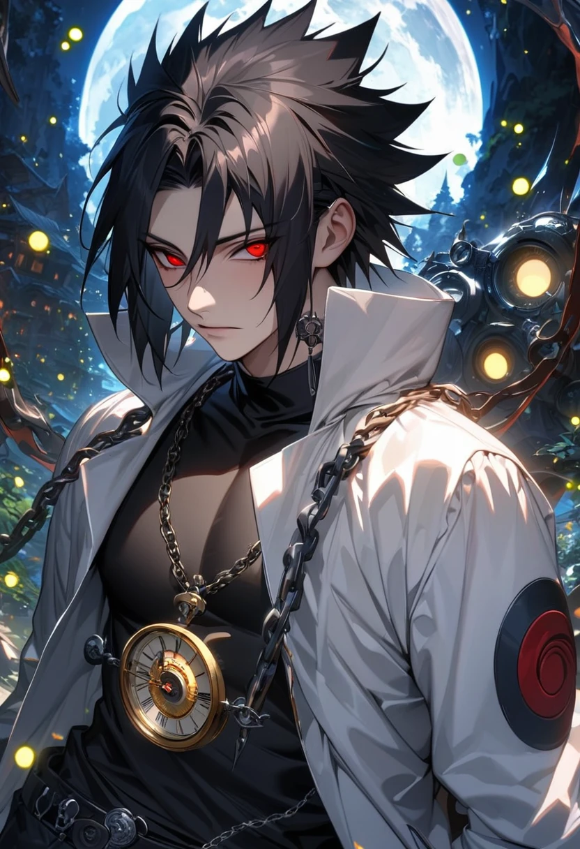 absurdres, highres, ultra detailed, HDR, master piece, best quality, extremely detailed face and eyes, Uchiha Sasuke, expressive red eyes, black hair, hair between the eyes, Naruto Shippuden, solo, sexy man, handsome features, white coat, black tight shirt, clock mechanical moon, fantasy, chains, fireflies, in wonderland