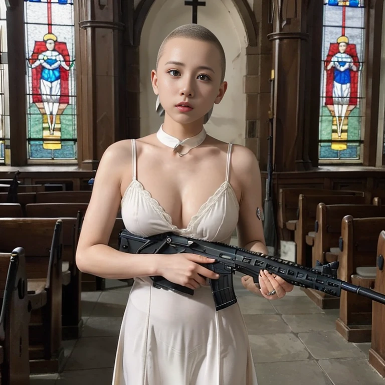 Young beautiful woman、(Skinhead:1.5)、Nun's attire、(Has an assault rifle:1.6) , She's at the altar of the chapel, Stained glass、huge breast、mynatalee woma、