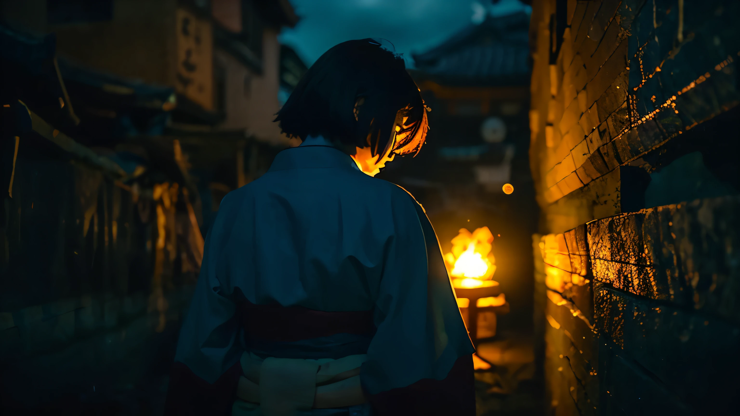 An adult Japanese woman in the back, in the dark of night, lit up like a movie. The woman is wearing a kimono and has long black hair. She is standing facing a temple chapel. The photo was taken with a 135mm focal length full frame mirrorless camera in a symmetrical composition The depiction of her posture and the texture of her costume emphasizes realism and a dark, eerie atmosphere. The overall image is reddish dark and perfectly captures the essence of solitary prayer in the silence of the night.