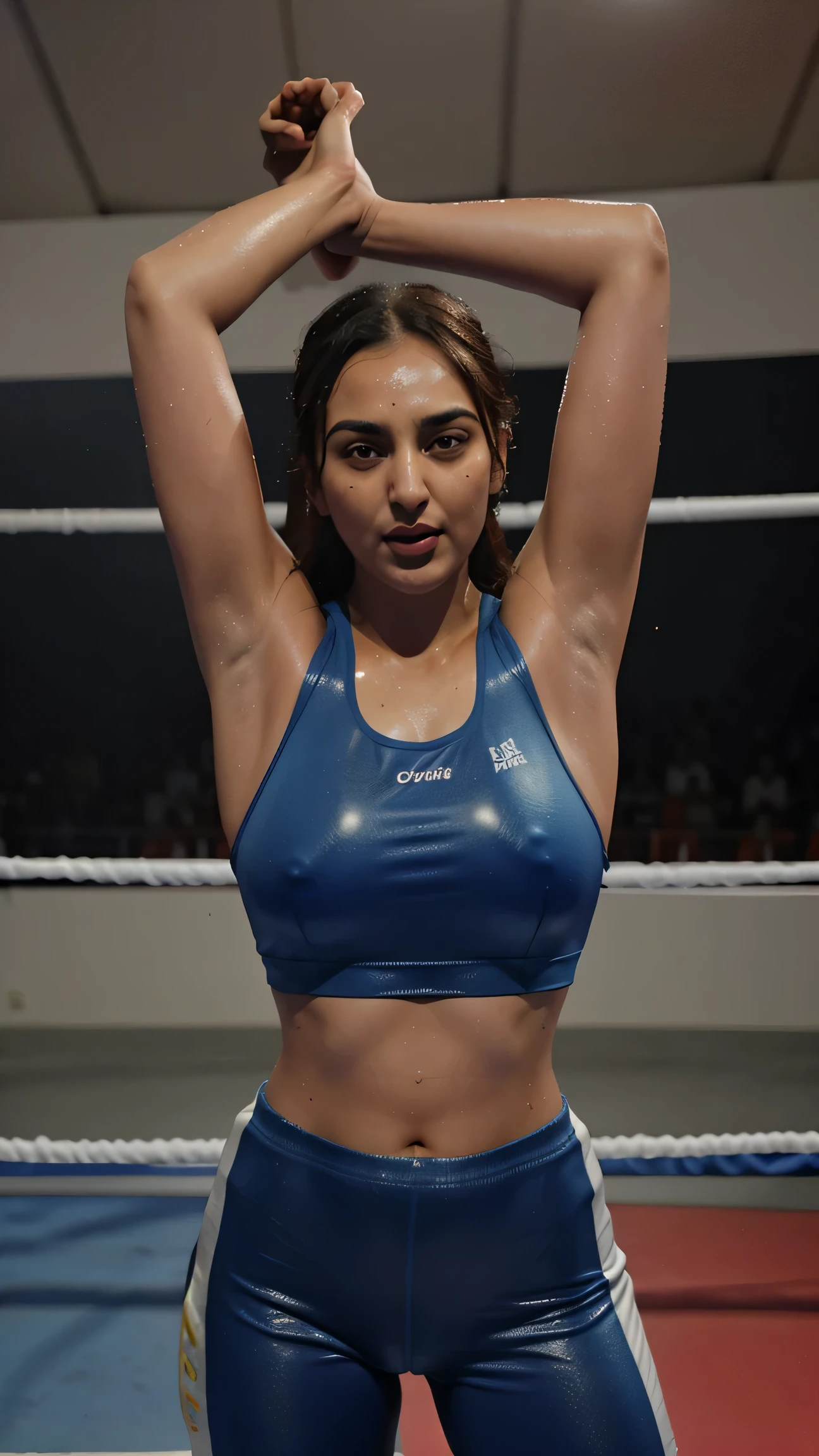 Looks like Sonakshi Sinha,31 year old woman,not too skinny, studio quality ,arms up,armpits, armpits,sweat,sweaty,sweaty armpits,awesome armpits,sweating ,sleeveless,exhausted,tired,boxing gloves,blue blouse,blue outfit,wearing boxing gloves on both hands,arms raised,very tired,sweating,arms raised,both arms raised,tongue,tongue protruded,tongue out,showing tongue,sweaty
