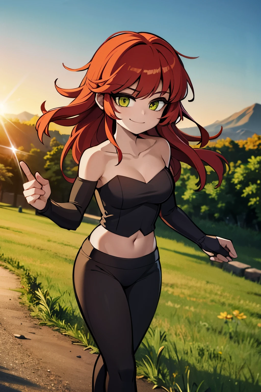 8k wallpaper, masterpiece, movie lighting, medieval setting, Beautiful female rogue with red hair and greenish eyes walking on a winding road with a smile on her face, sunrise with clear skies background