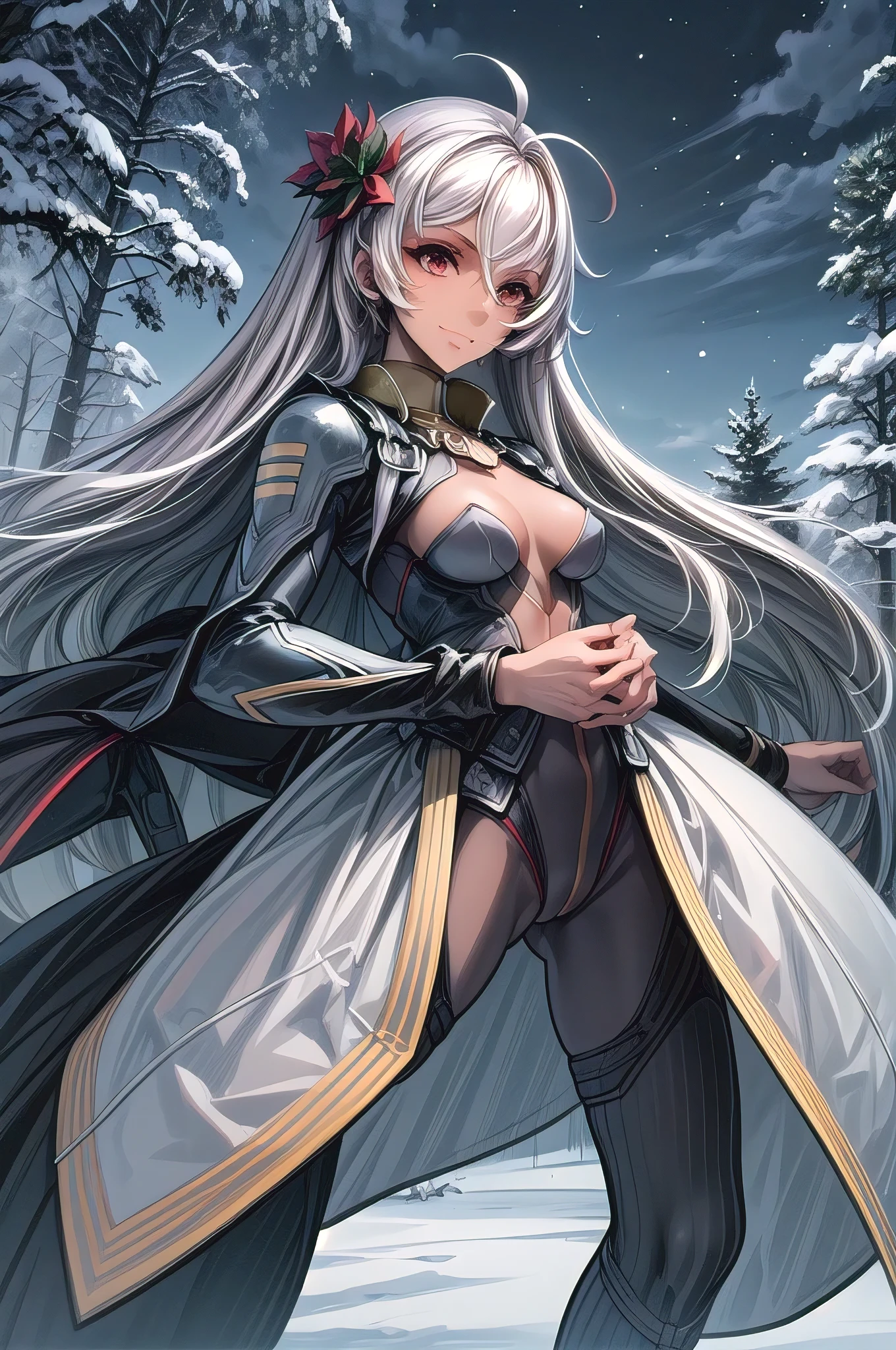 (masterpiece, best quality:1.2), solo, 1girl, yamamoto akira, dark skin, expressionless, looking at viewer, ahoge, bodysuit, outer space, (dynamic pose:1.0),happy,smile,(centered,scale to fit dimensions,Rule of thirds), ((snowy pine forest at night)), with dark stormy clouds,winter,scenery:1.25,((snow forest background)),Christmas tree, highres,sharp focus,(ultra detailed,extremely detailed),(((vibrant colors,vibrant theme))),(intricate),(masterpiece),(best quality),