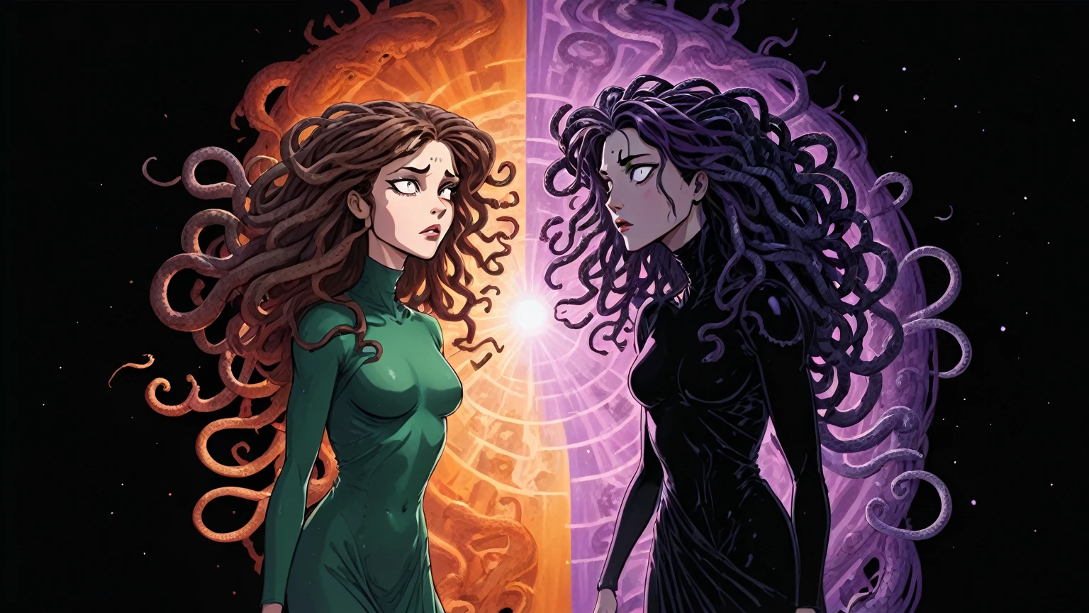 Daria and Jane portraying Medusa and Euryale (style reference Daria animated 1997, Medusa), existential crisis, floating through the ether, ethereal floatation disembodied consciousness humanity and the artificial and alien intelligences, stargate (wormhole) (cinematic, wordless, splash page, campy, b-movie cheesiness), Tarkovsky cinematography and framing and composition, intensely vivid, lush rich colorful, light rays across face similar to a light mask, universal cosmic decline, agitation, chaotic