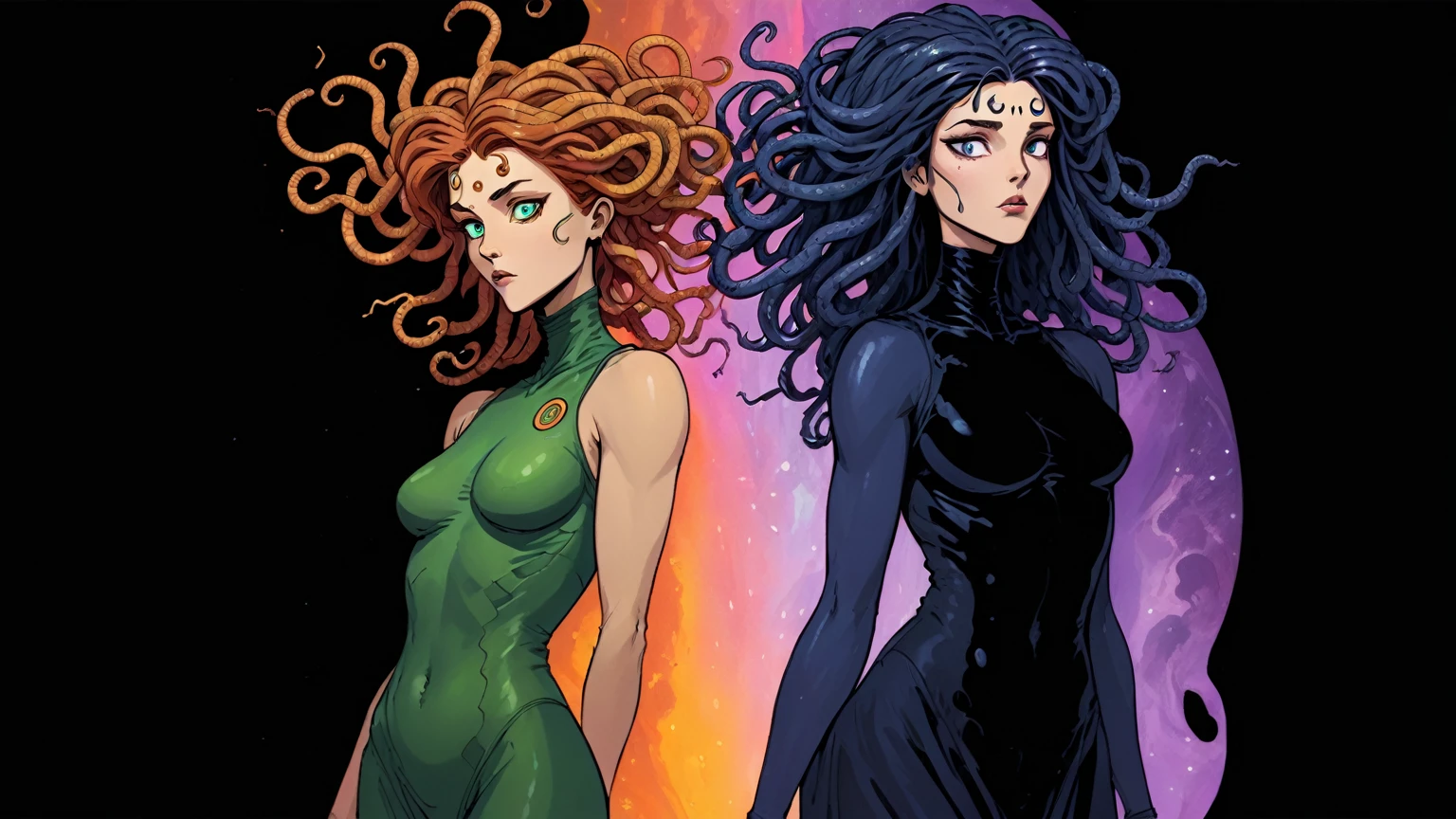 Daria and Jane portraying Medusa and Euryale (style reference Daria animated 1997, Medusa), existential crisis, floating through the ether, ethereal floatation disembodied consciousness  humanity and the artificial and alien intelligences, stargate (wormhole) (cinematic, wordless, splash page,  campy, b-movie cheesiness), Tarkovsky cinematography and framing and composition, intensely vivid, lush rich colorful, light rays across face similar to a light mask, universal cosmic decline, agitation, chaotic