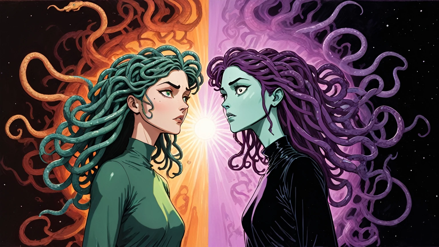 Daria and Jane portraying Medusa and Euryale (style reference Daria animated 1997, Medusa), existential crisis, floating through the ether, ethereal floatation disembodied consciousness humanity and the artificial and alien intelligences, stargate (wormhole) (cinematic, wordless, splash page, campy, b-movie cheesiness), Tarkovsky cinematography and framing and composition, intensely vivid, lush rich colorful, light rays across face similar to a light mask, universal cosmic decline, agitation, chaotic