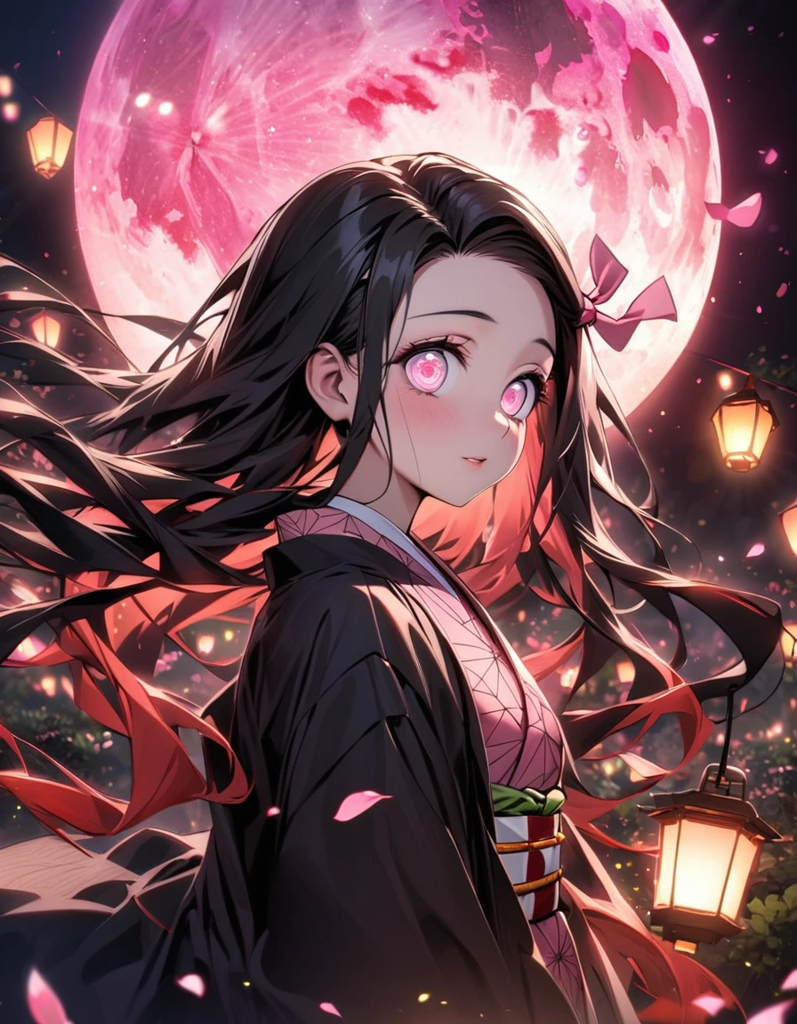 Ultra detailed, highres, absurdres, HDR, Kamado Nezuko, black long hair, pink expressive eyes, Kimetsu No Yaiba, pink flowers, petals, fireflies, lanterns, pink moon, woman, extremely beautiful, very detailed face and eyes, pink kimono, black haori, solo